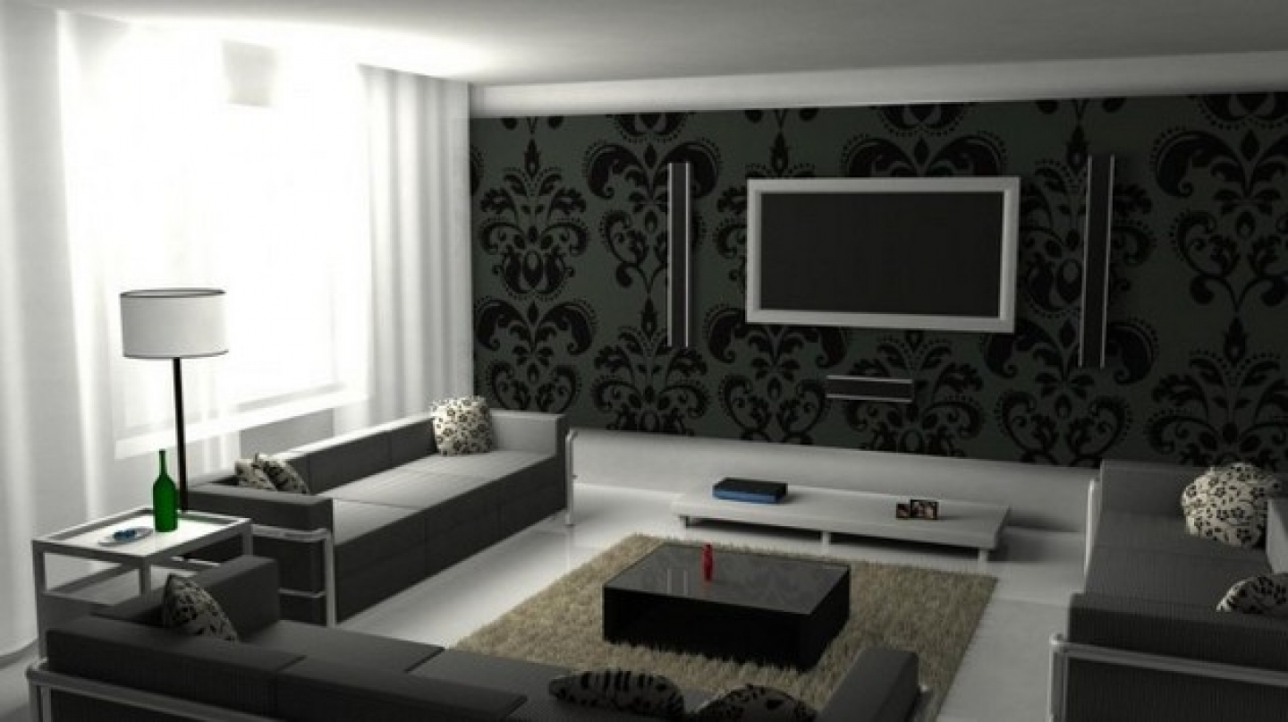 grey wallpaper living room next
