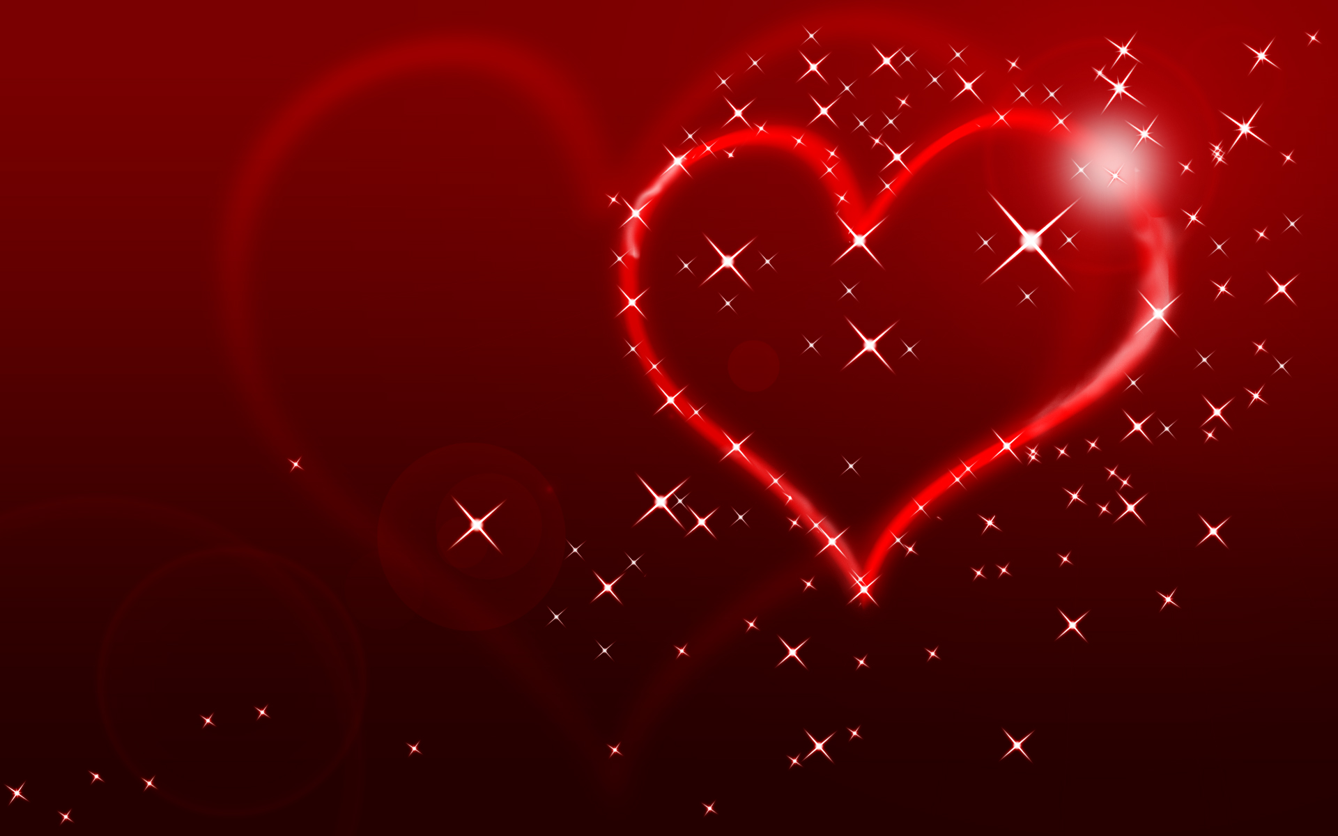 A vibrant red heart outlined in glowing light, surrounded by sparkling stars against a deep red background