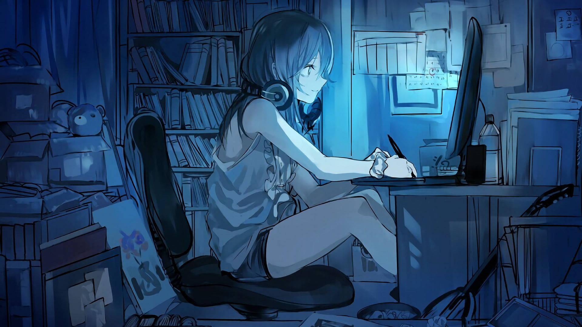 Anime Girl Working With Her Laptop In A Dim Room
