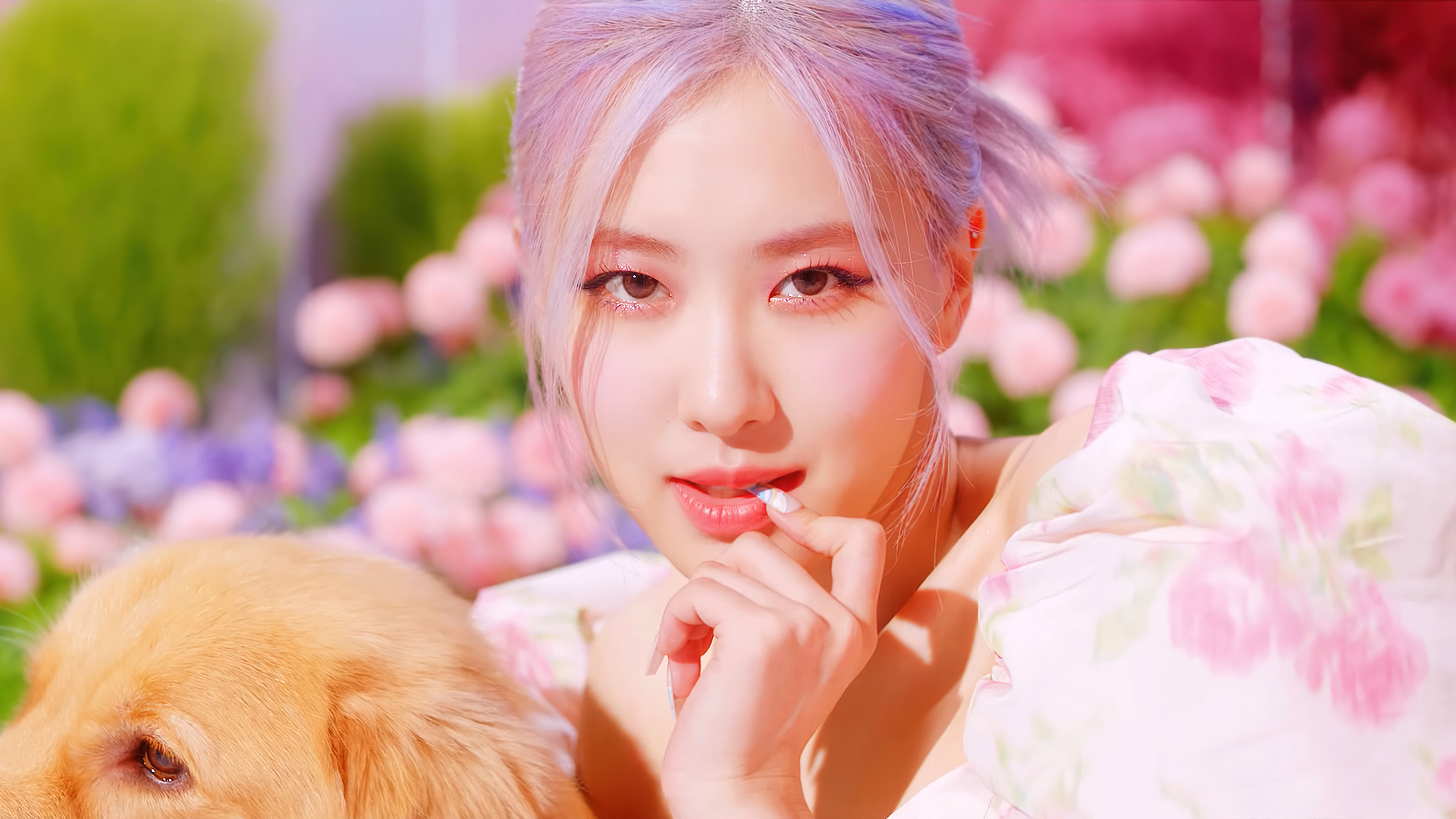 Close-up of Rosé from Blackpink with a dog, in a floral setting, suitable for a 4k mobile wallpaper