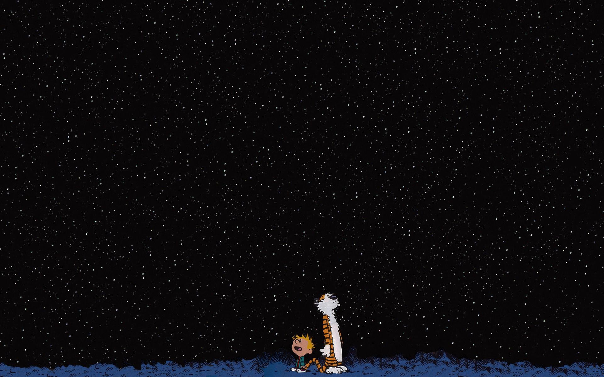 Calvin and Hobbes stargazing in a minimalist black aesthetic wallpaper
