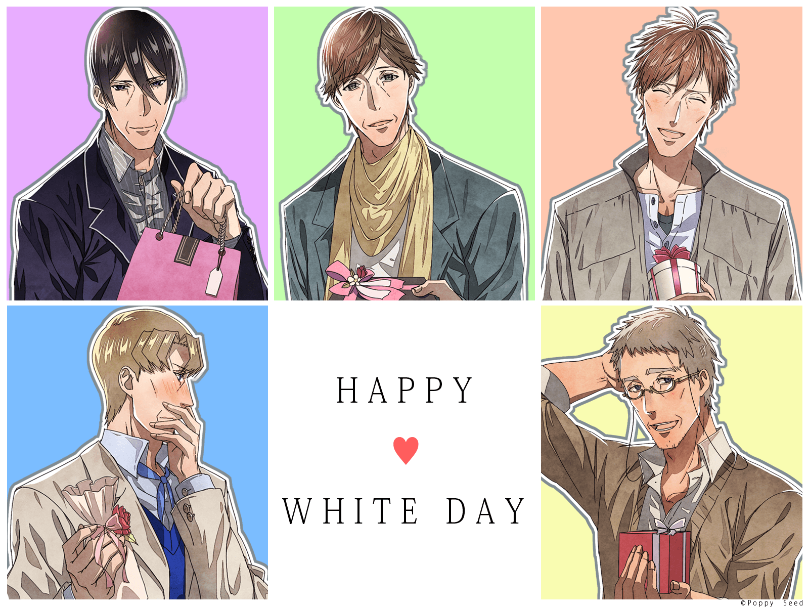 A collage of male characters from an anime or manga series, possibly celebrating White Day, each holding gifts like flowers or wrapped presents. Text in the center reads 'HAPPY WHITE DAY'