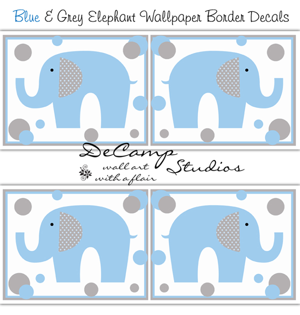 Blue Grey Elephant Polka Dot Wallpaper Border Decals Boy Sticker