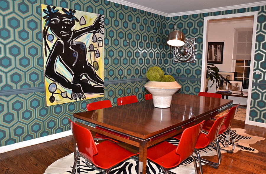 David Hicks Hexagon Wallpaper In The Midcentury Modern Dining Room