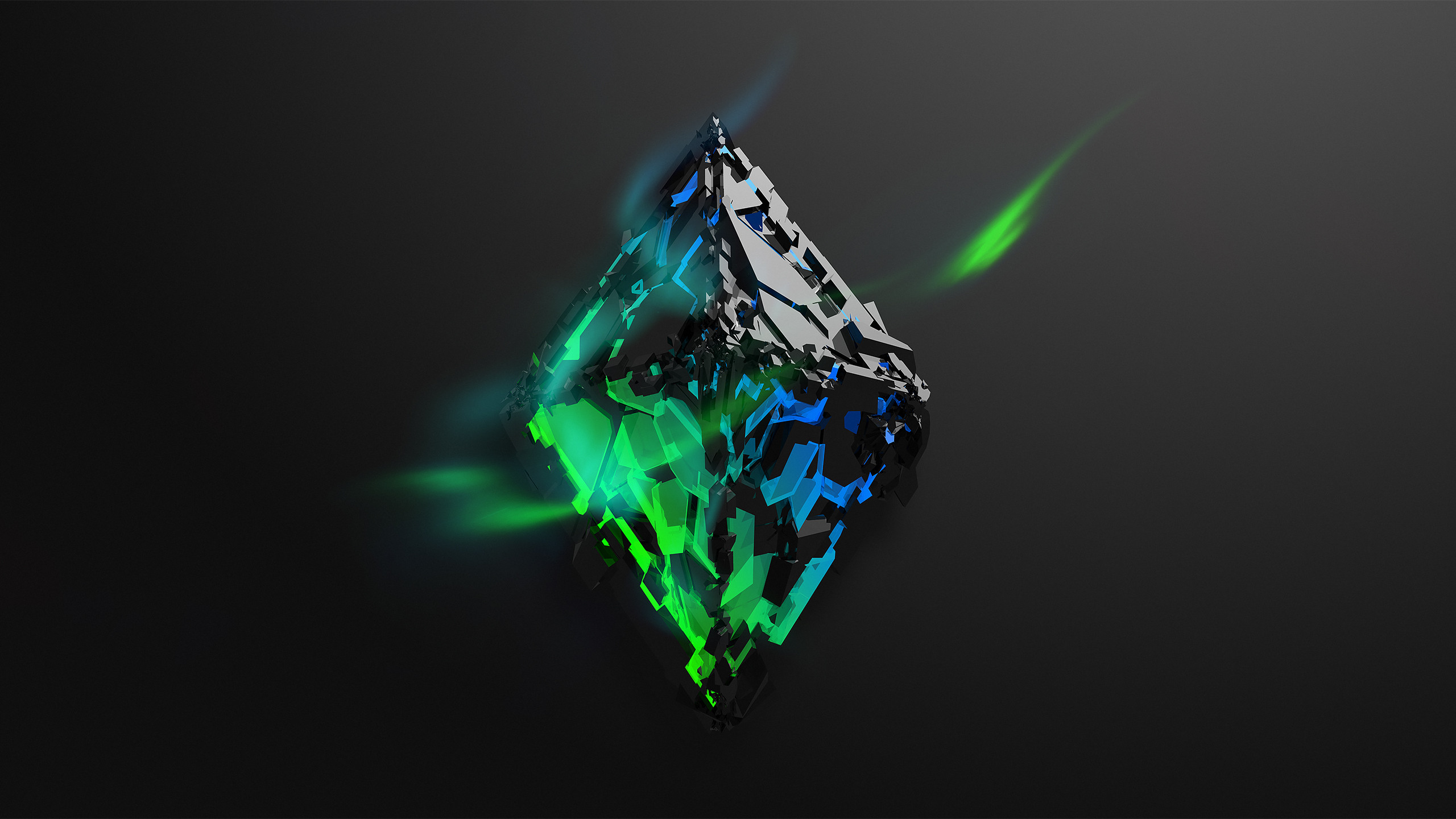 Abstract 3D cube with glowing green and blue accents on a dark background, evoking a futuristic and cryptographic theme