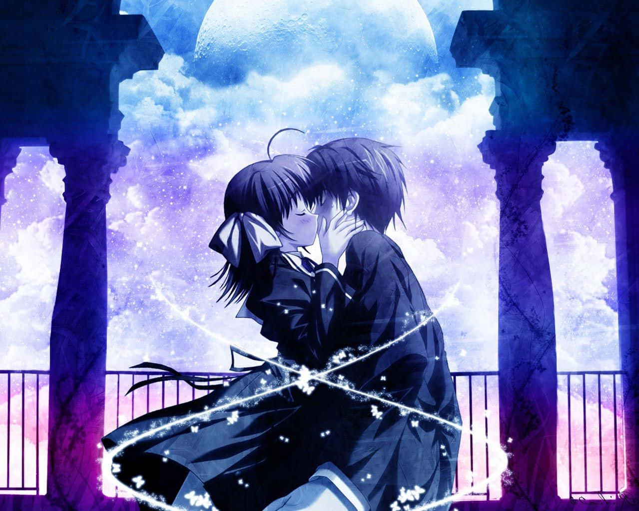 Anime Couple Kissing With Starry Thick Clouds Picture Wallpaper