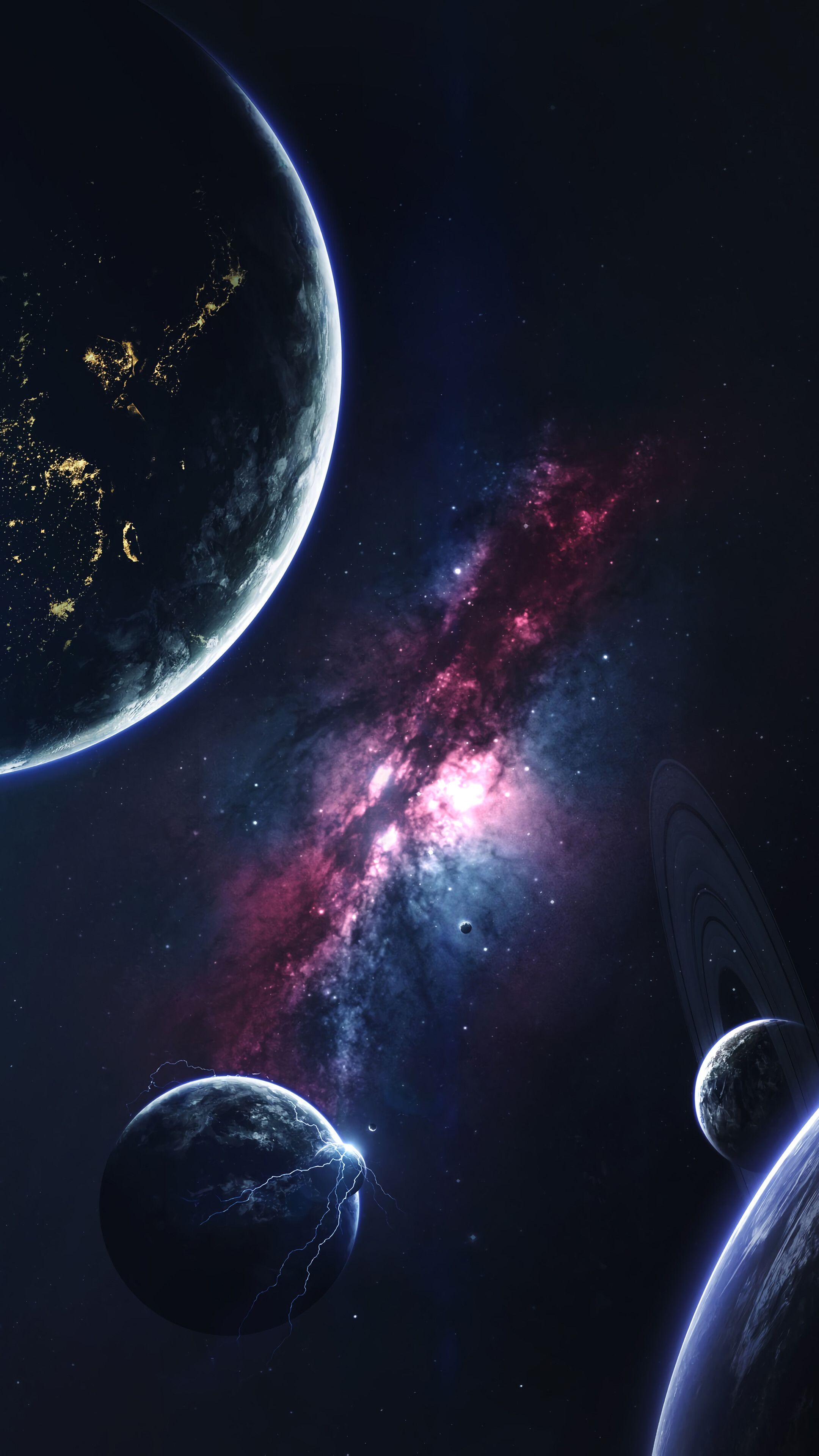 A stunning 4k space wallpaper featuring multiple planets, a nebula, lightning, and a ringed planet