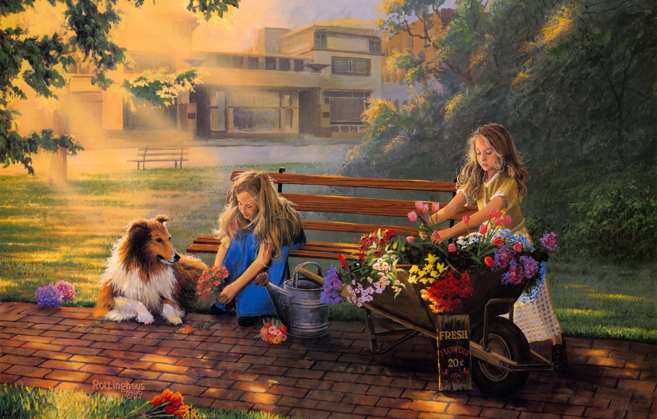 Wallpaper Girls Dog Flowers Painting Bouquet Little Bouquets