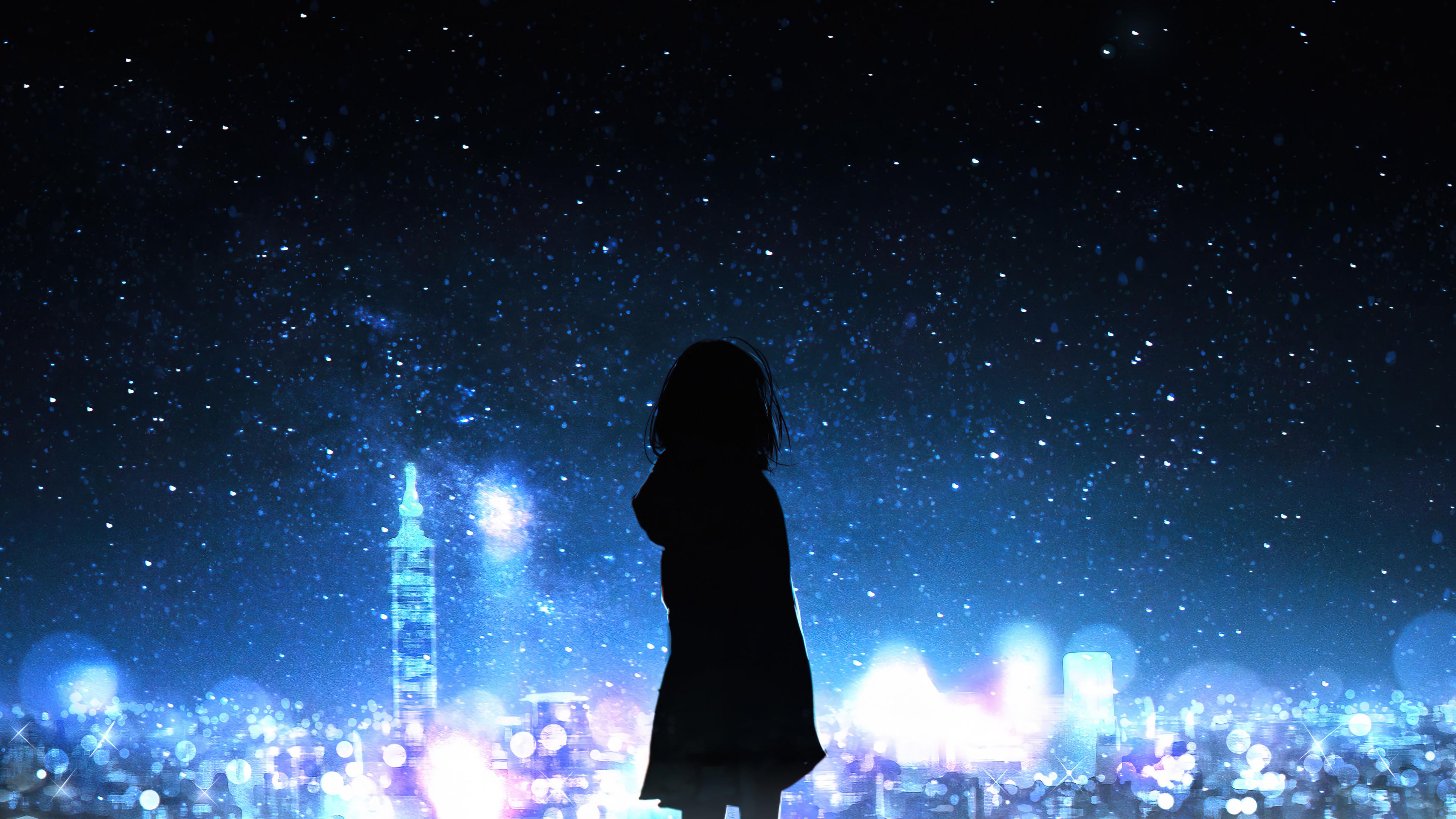 Anime Girl Silhouette City Night Sky 4k Wallpaper iPhone HD Phone