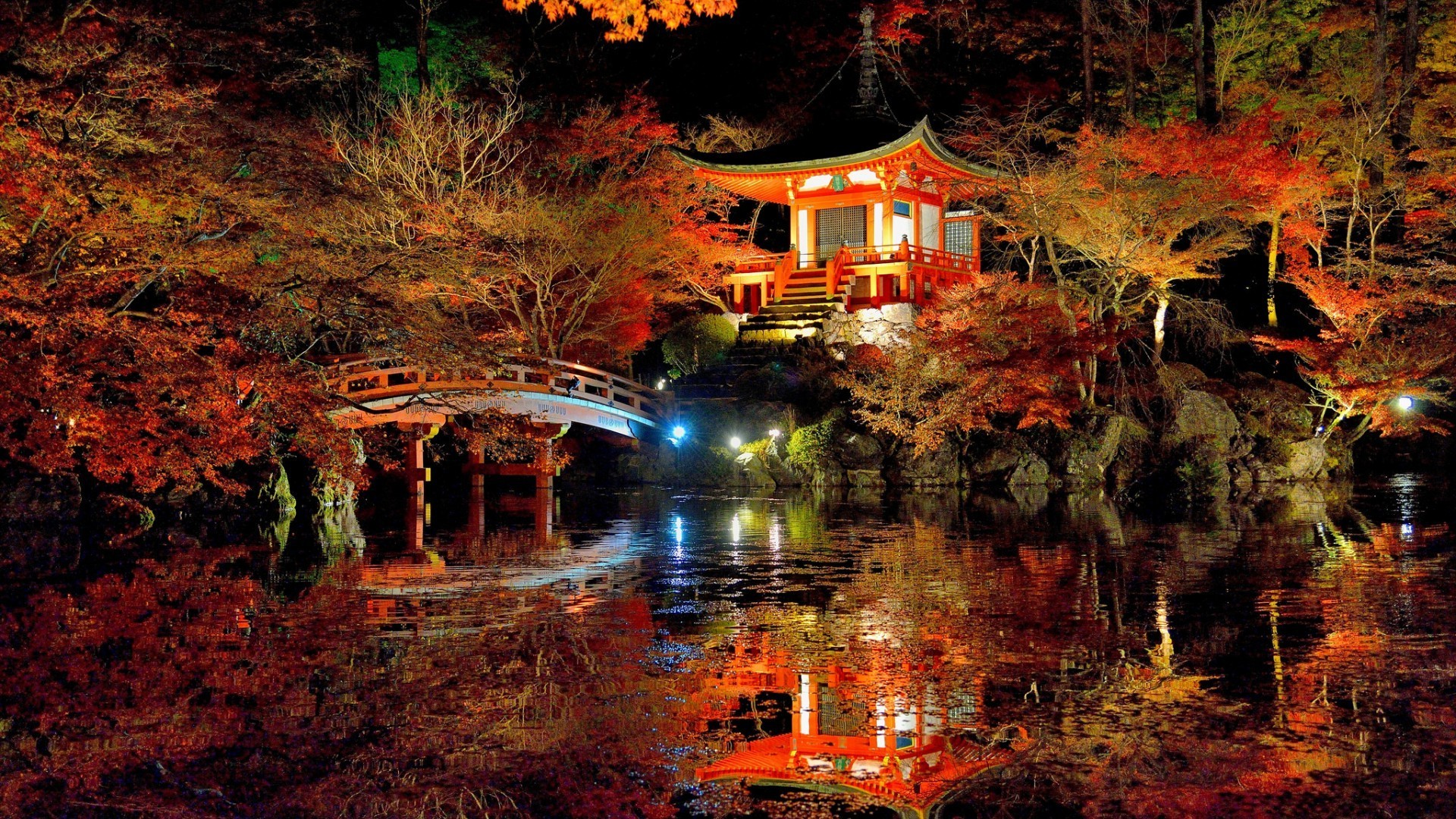 Nature Trees Forest Leaves Fall Branch Japan Bridge Night Wallpaper