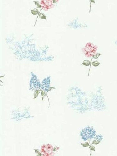 White Blue Green Pink Rose Hydrangea Toile Wallpaper Fd45764
