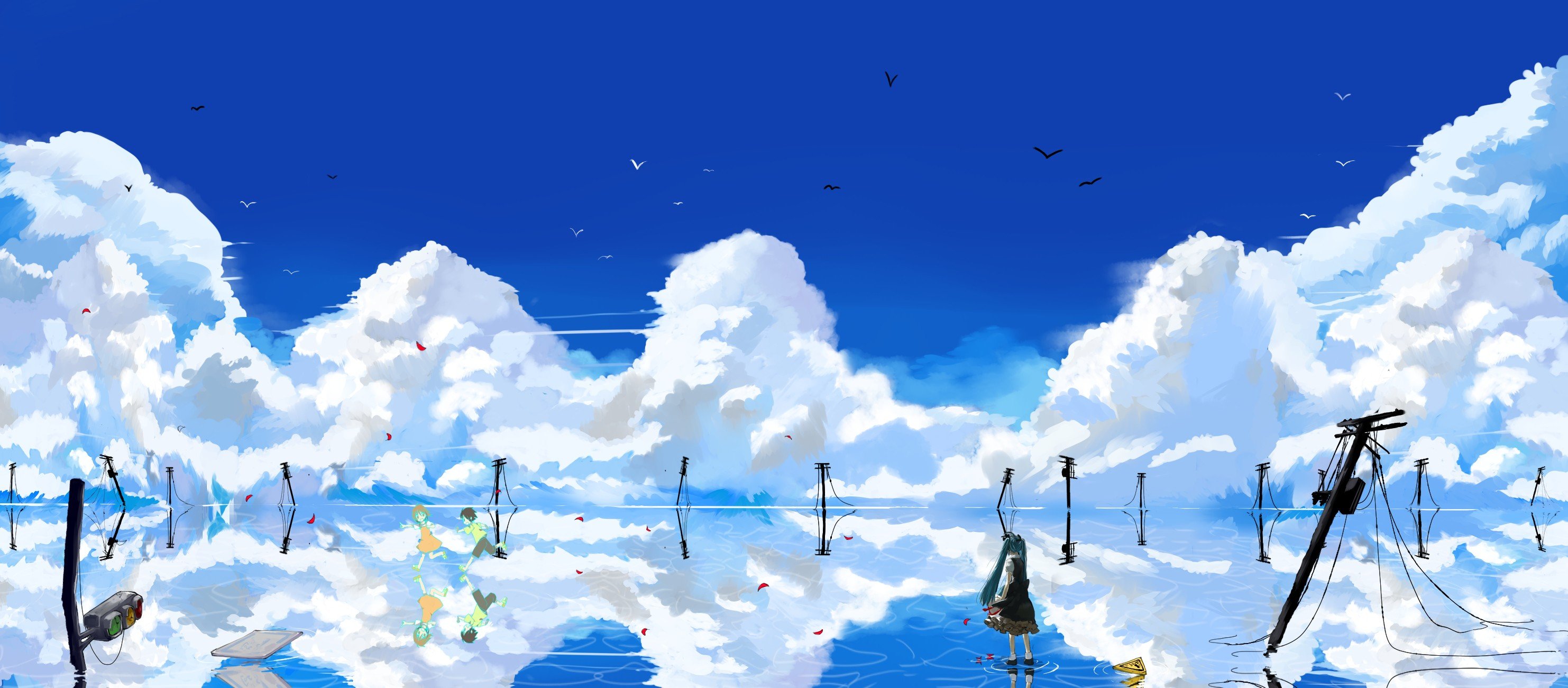 Water abstract blue clouds landscapes vocaloid hatsune 2965x1300