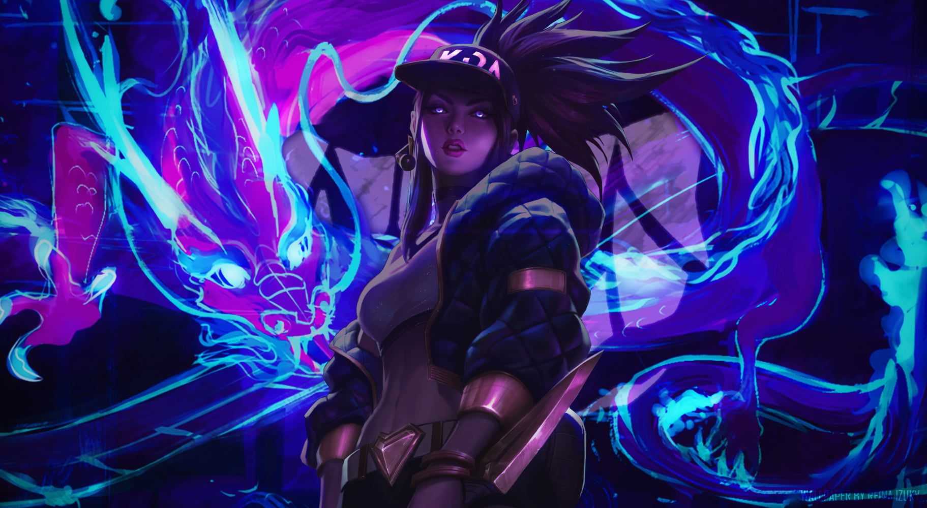 Akali from League of Legends in a neon-lit, KDA-inspired pose with a spectral dragon in the background