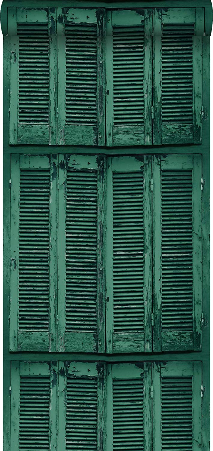Wallpaper Weathered Wooden French Vintage Louvre Shutters Emerald