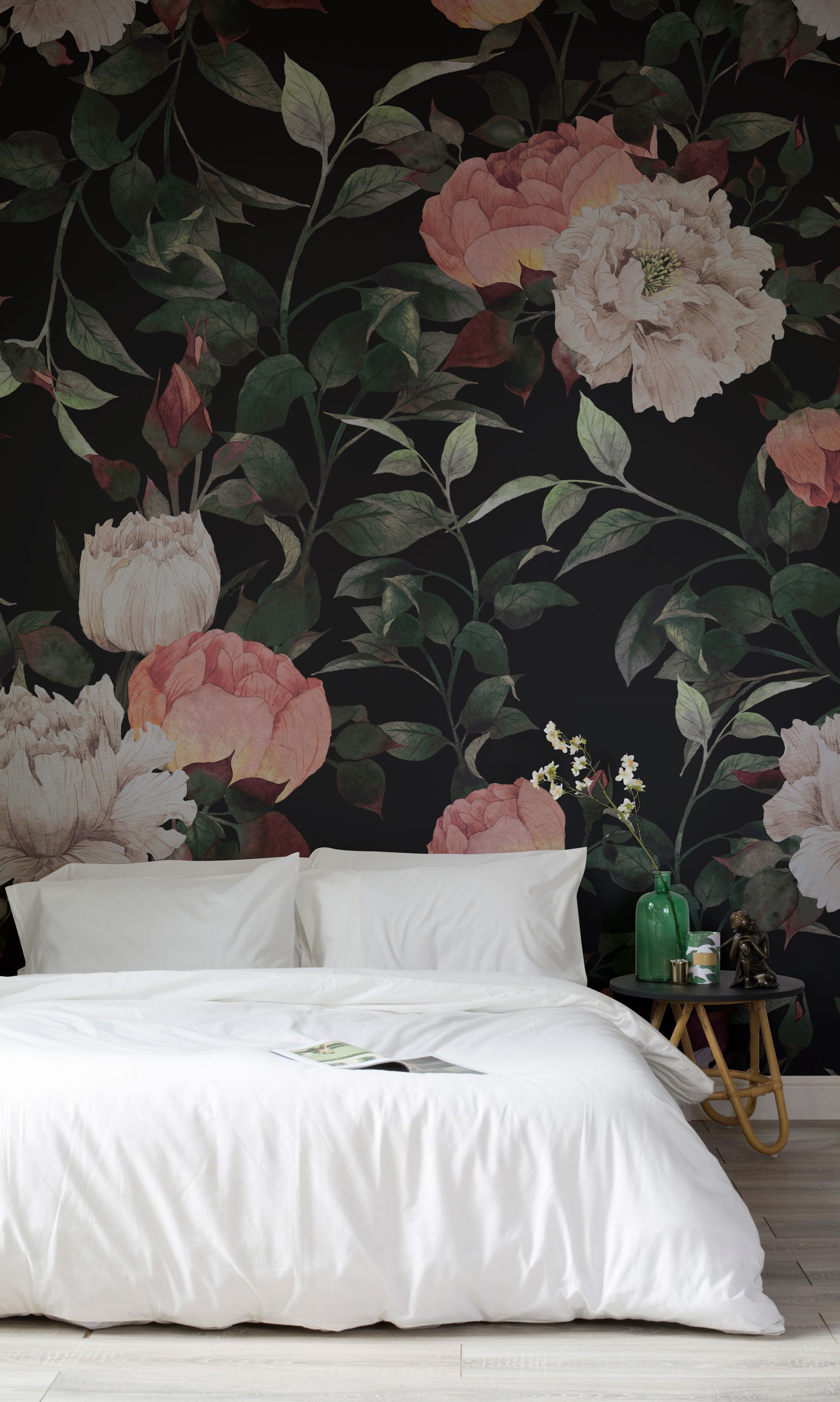 Navy Floral Wallpaper In Bedroom