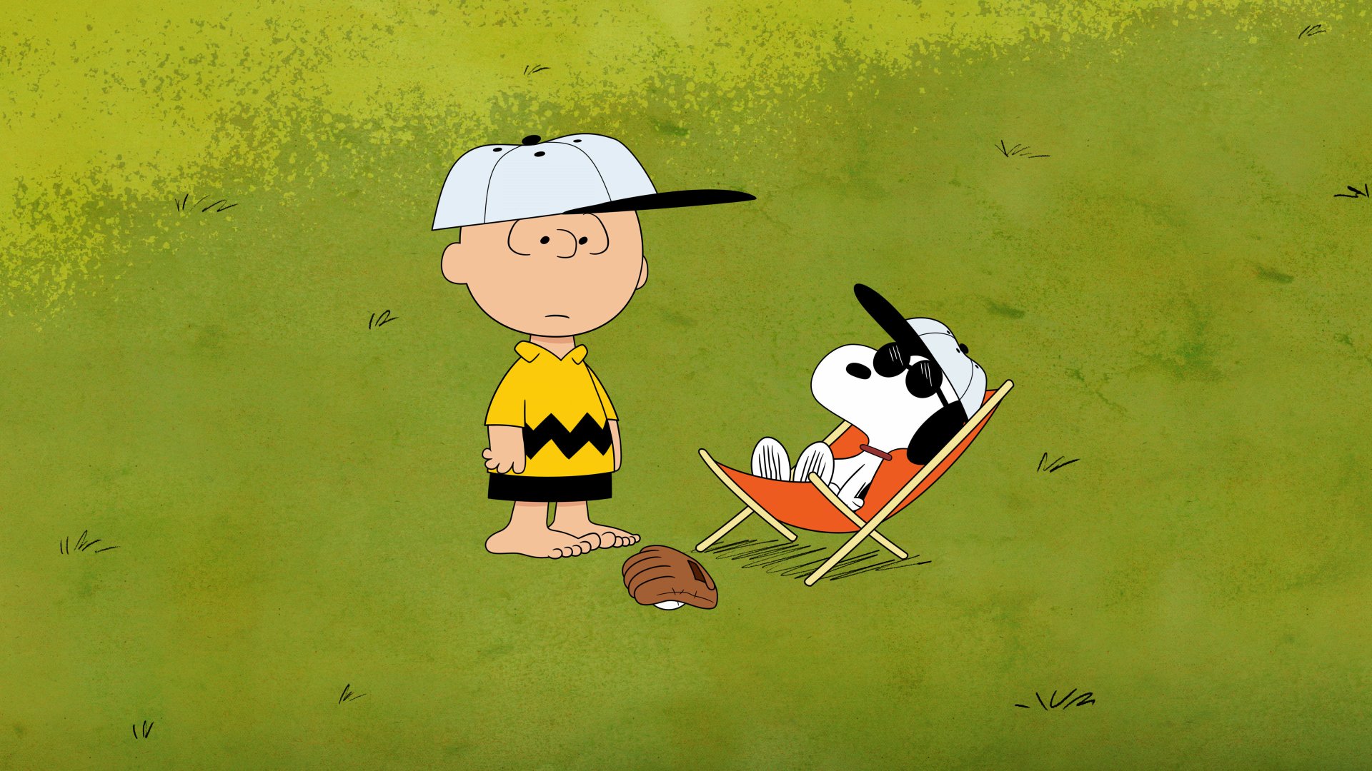Charlie Brown and Snoopy in a 4K Peanuts scene, Snoopy relaxing in a lawn chair while Charlie Brown looks on