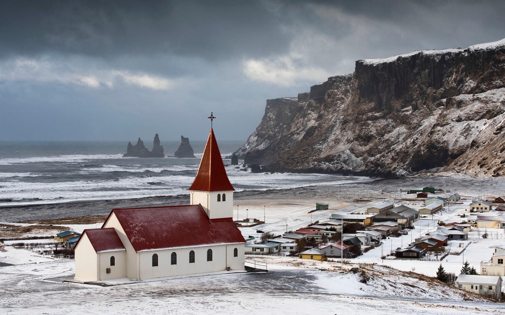 Church Vik Landscape Sea Snow Iceland Wallpaper