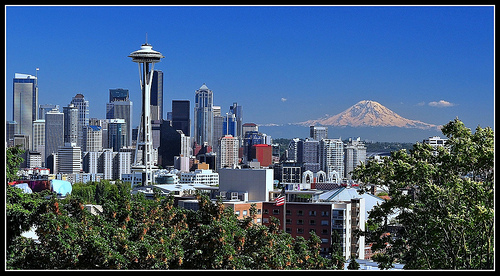 Downtown Seattle And Mt Rainier In The Background Photo