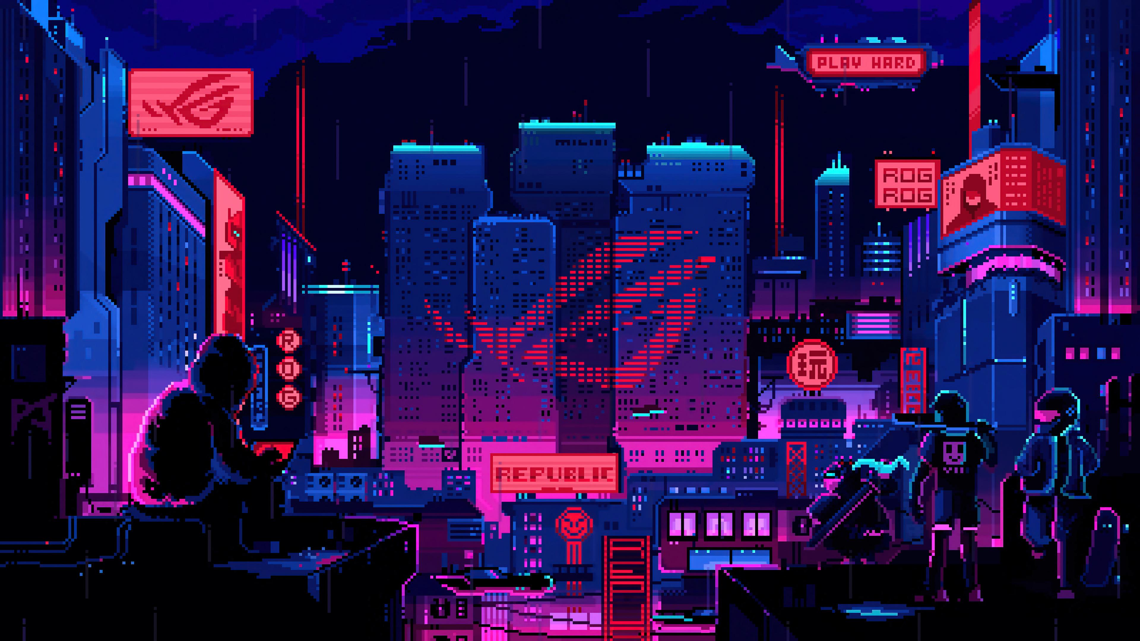 Rog Bit Pixel Logo Night City HD 4k Wallpaper
