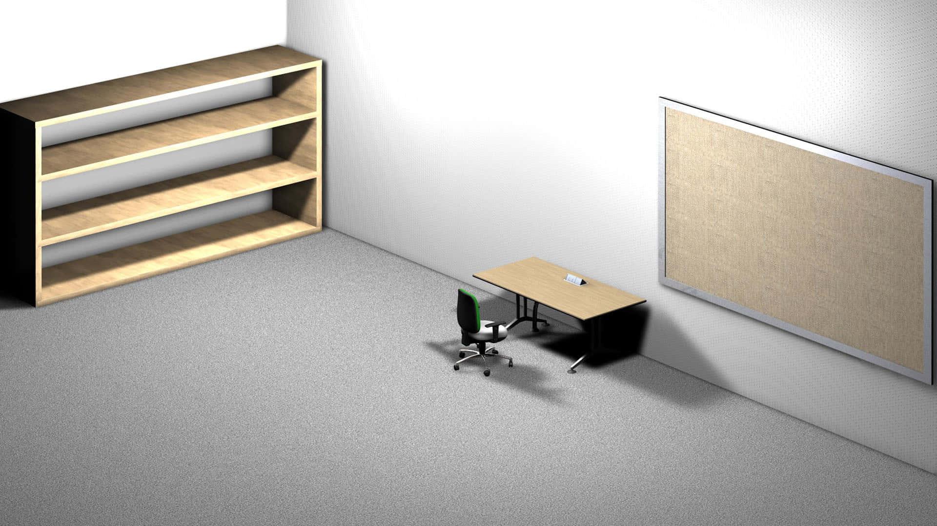 A 3d Model Of Room With Desk And Shelf Wallpaper
