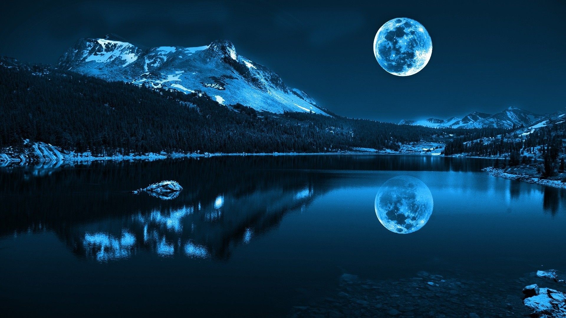 A breathtaking night landscape with a full moon reflected in a serene lake, surrounded by snow-capped mountains and dark forests