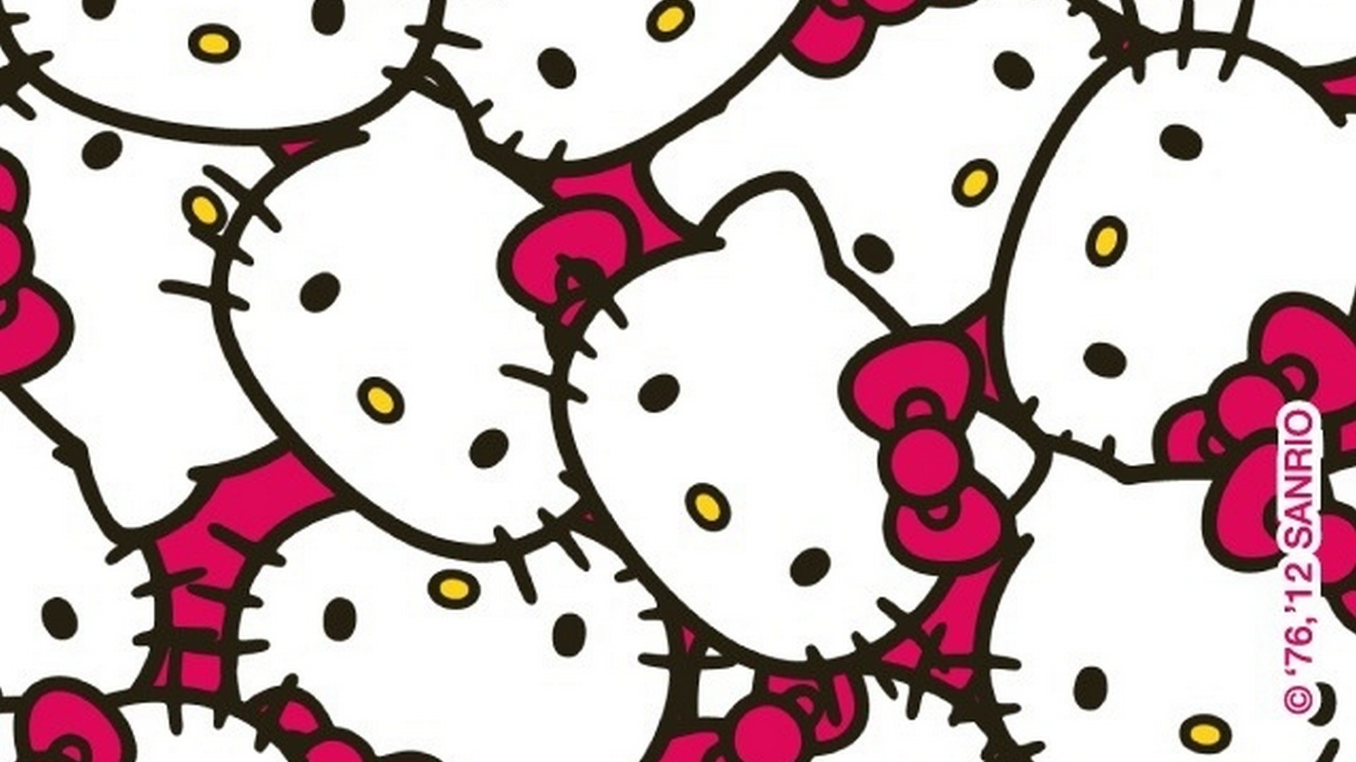 A repeating pattern of Hello Kitty faces on a white background with pink accents. This wallpaper is perfect for any Sanrio fan