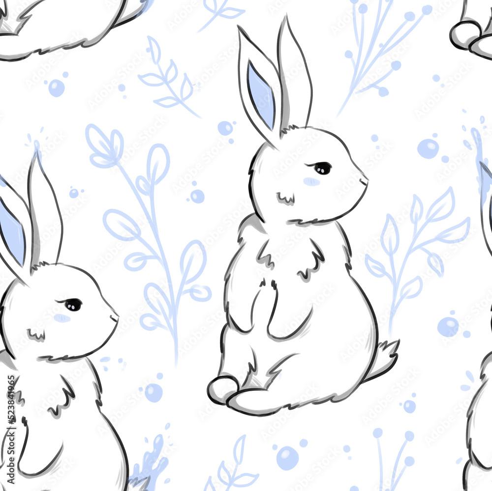 Rabbit and flowers seamless pattern New year 2023 symbol   water