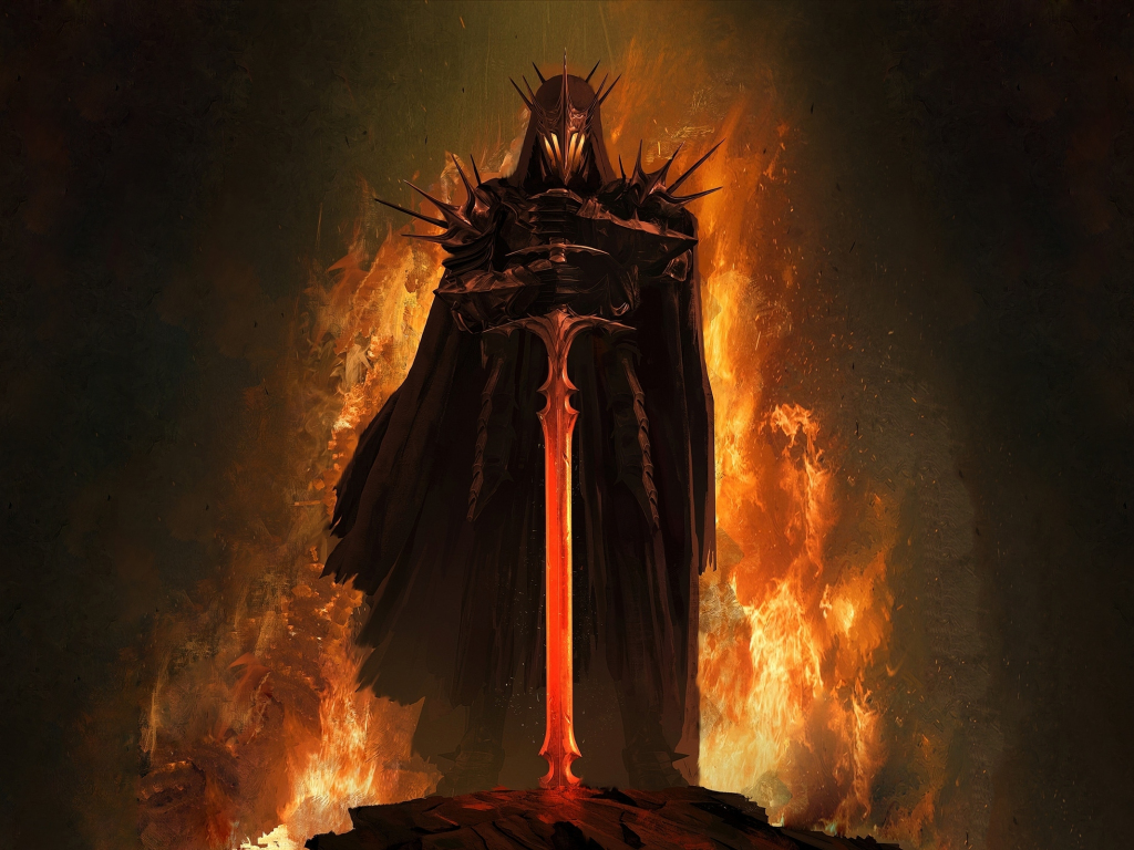 A dark figure, reminiscent of Sauron or the Witch-king, stands against a backdrop of flames, holding a fiery sword. This powerful image evokes the dark majesty and epic battles of Middle-earth