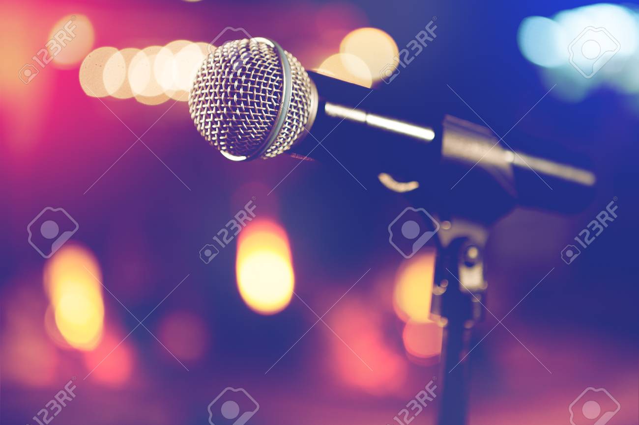 Live Music Background Microphone And Stage Lights Stock Photo
