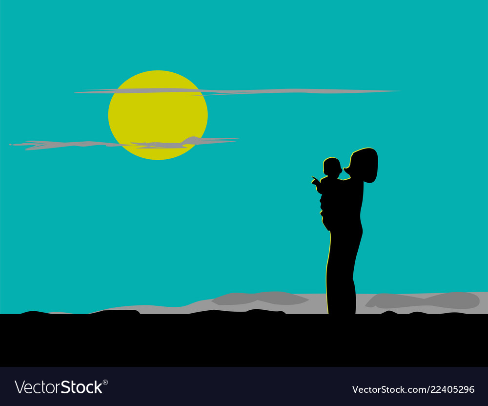 Silhouette Of Mother And Son Moon Background Vector Image