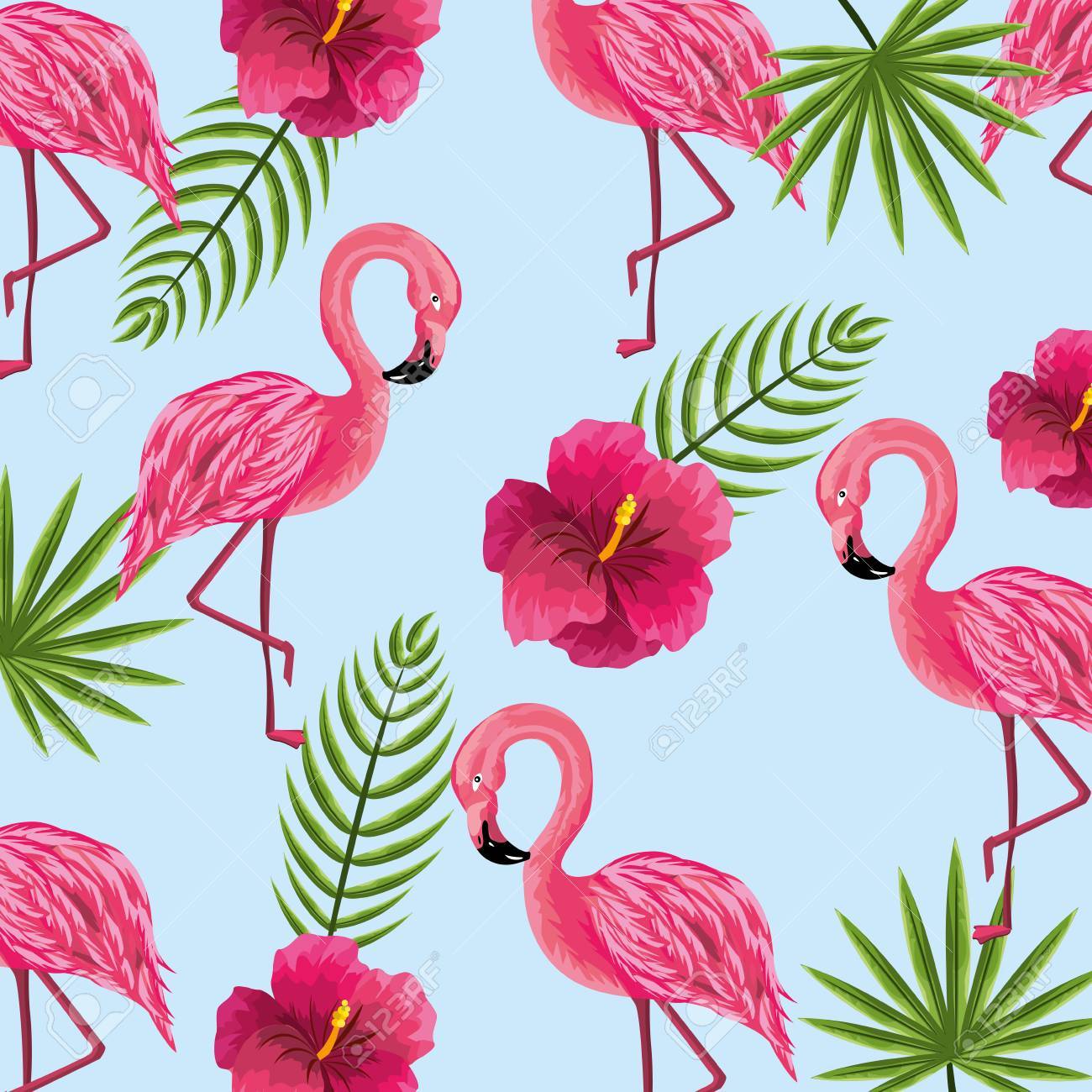 Beauty And Cute Flowers Plants With Flamingo Background Vector
