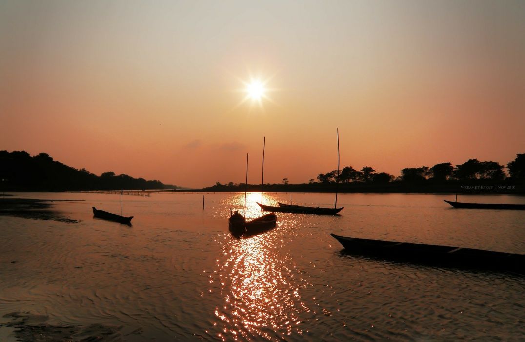Sunset Landscape Assam India River Boat Wallpaper