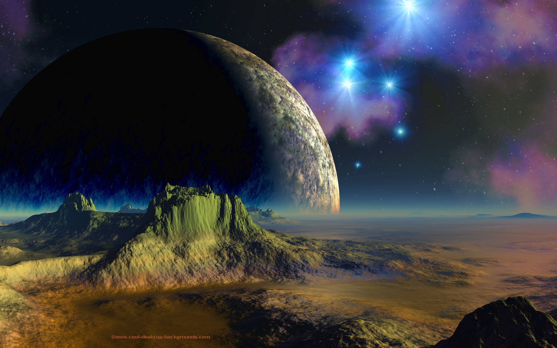 Cool high resolution sci fi background of a moon setting on an alien