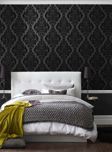 Black Damask Wallpaper Contemporary Bedroom