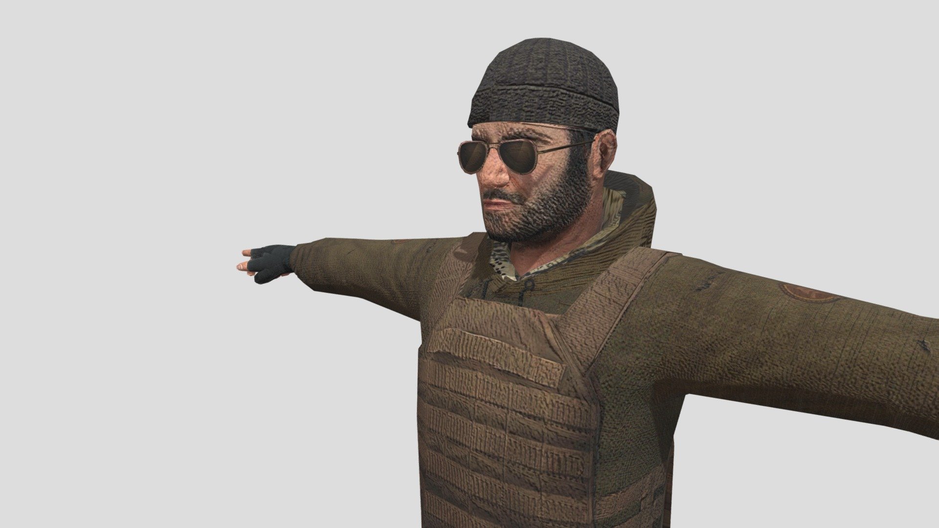 A 3D render of a character model from the game Standoff 2, wearing tactical gear including a beanie, sunglasses, gloves, jacket and vest