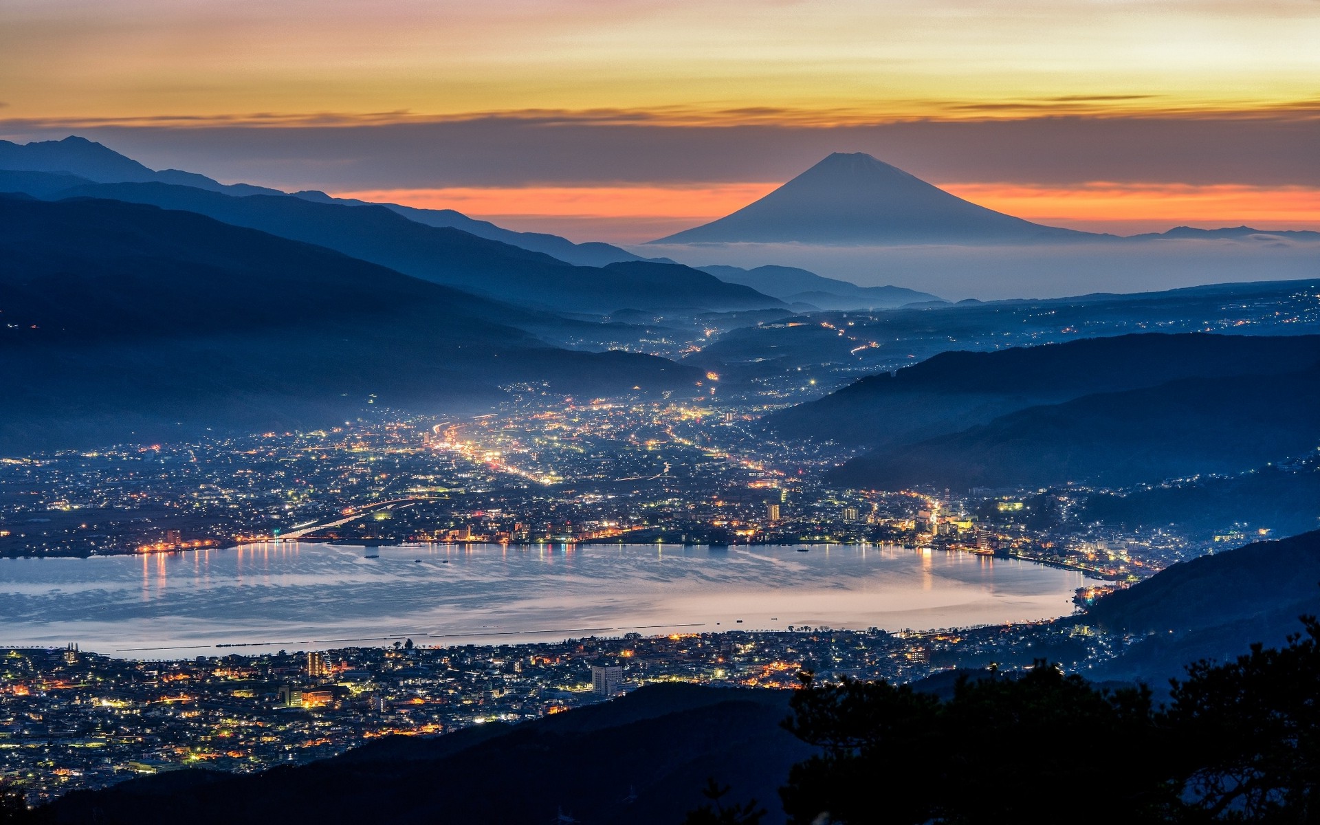 Wallpaper Japan landscape lights sunset sea city Mount 1920x1200