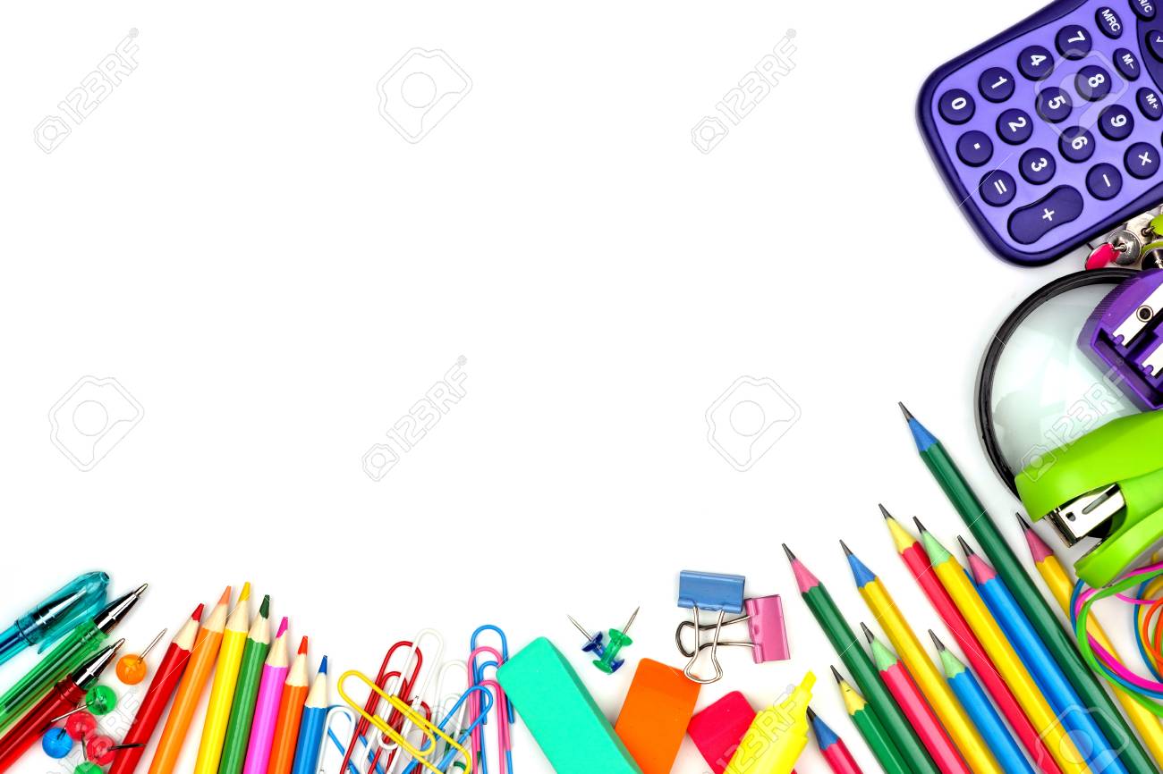 Colorful School Supplies Corner Border Against A White Background