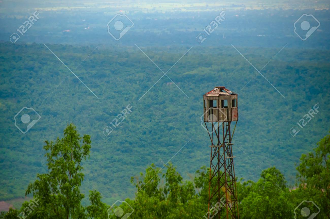 Old Observation Tower On The Hill With Nature Background Stock