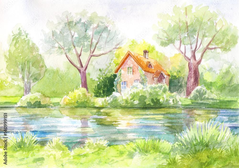 watercolor landscape house on the river forest lawn Pastel