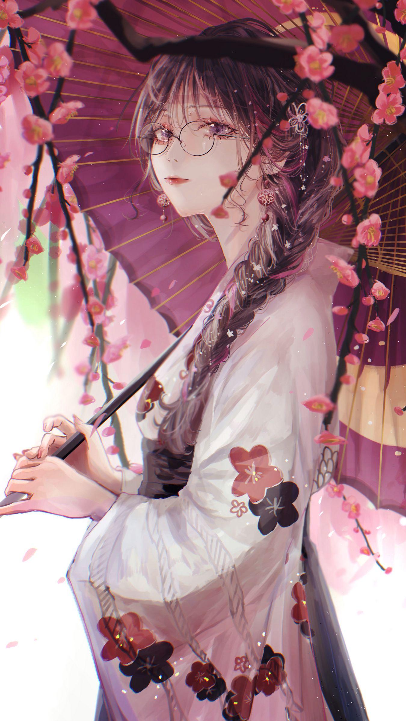 Wallpaper Girl Umbrella Sakura Kimono