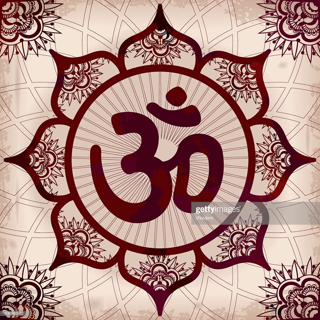 Om Or Aum Henna Square Ornament On A Grunge Background High Res