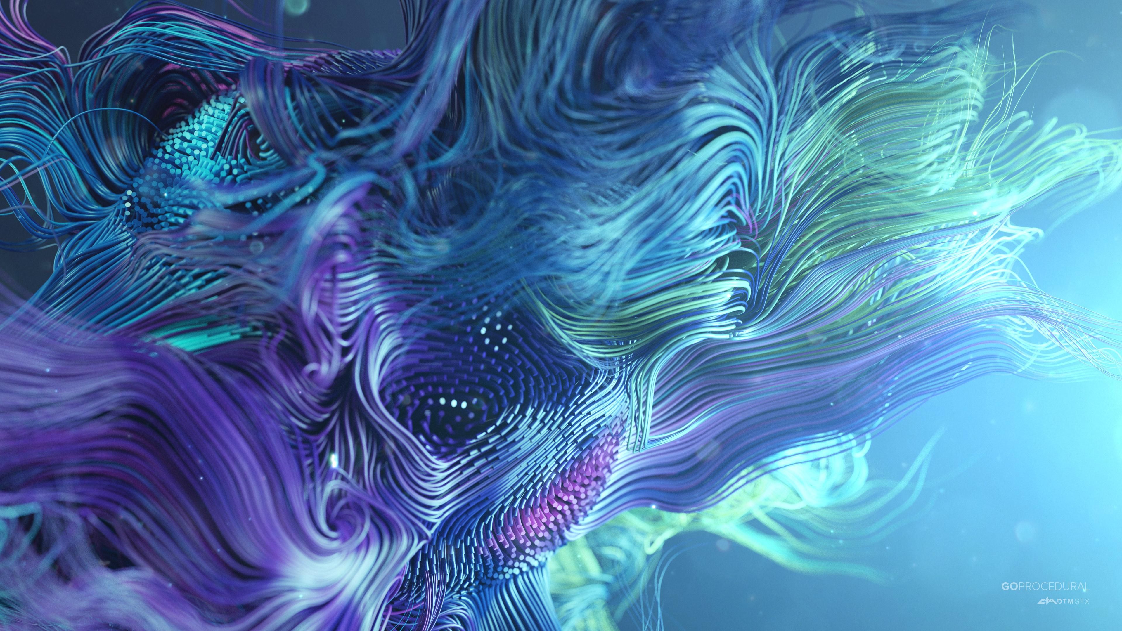 Abstract 4K wallpaper with swirling, flowing lines in shades of blue, purple, and teal, creating a dynamic and mesmerizing visual experience