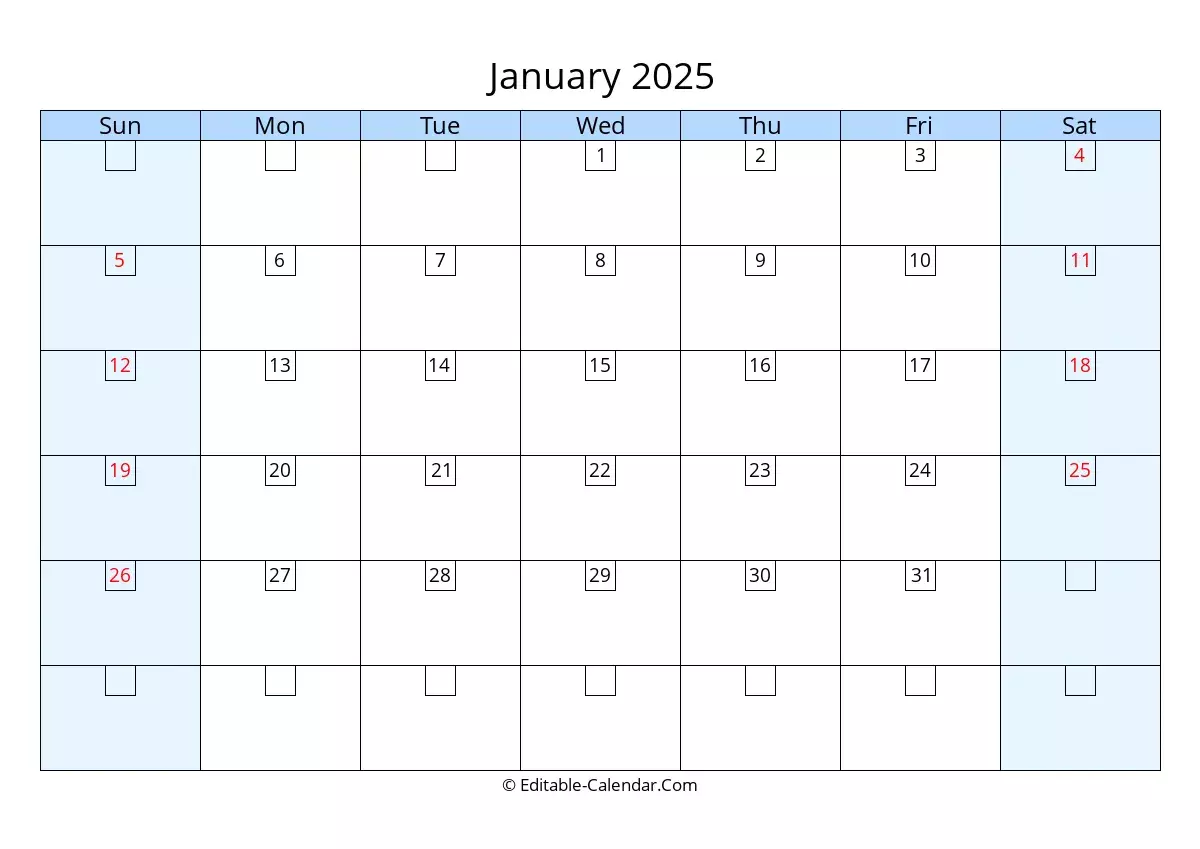 Editable Calendar January Weeks Start On Sunday Wallpaper