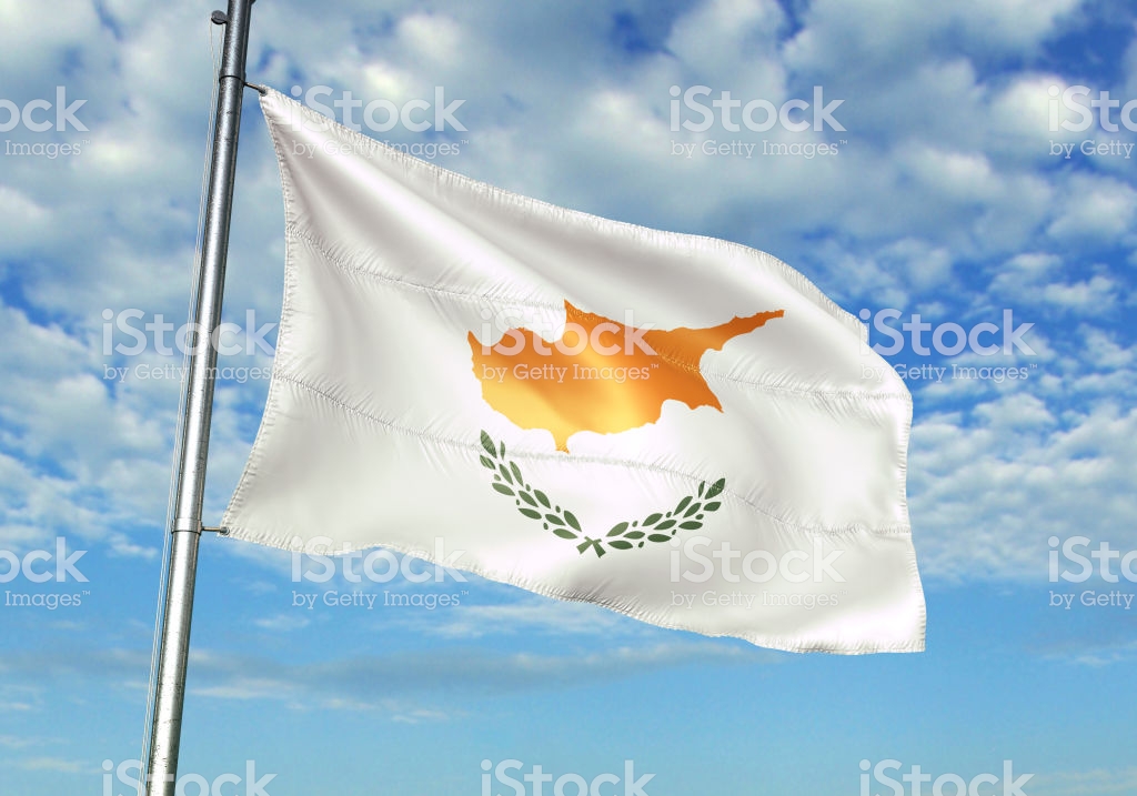 Cyprus Flag Waving Cloudy Sky Background Stock Photo