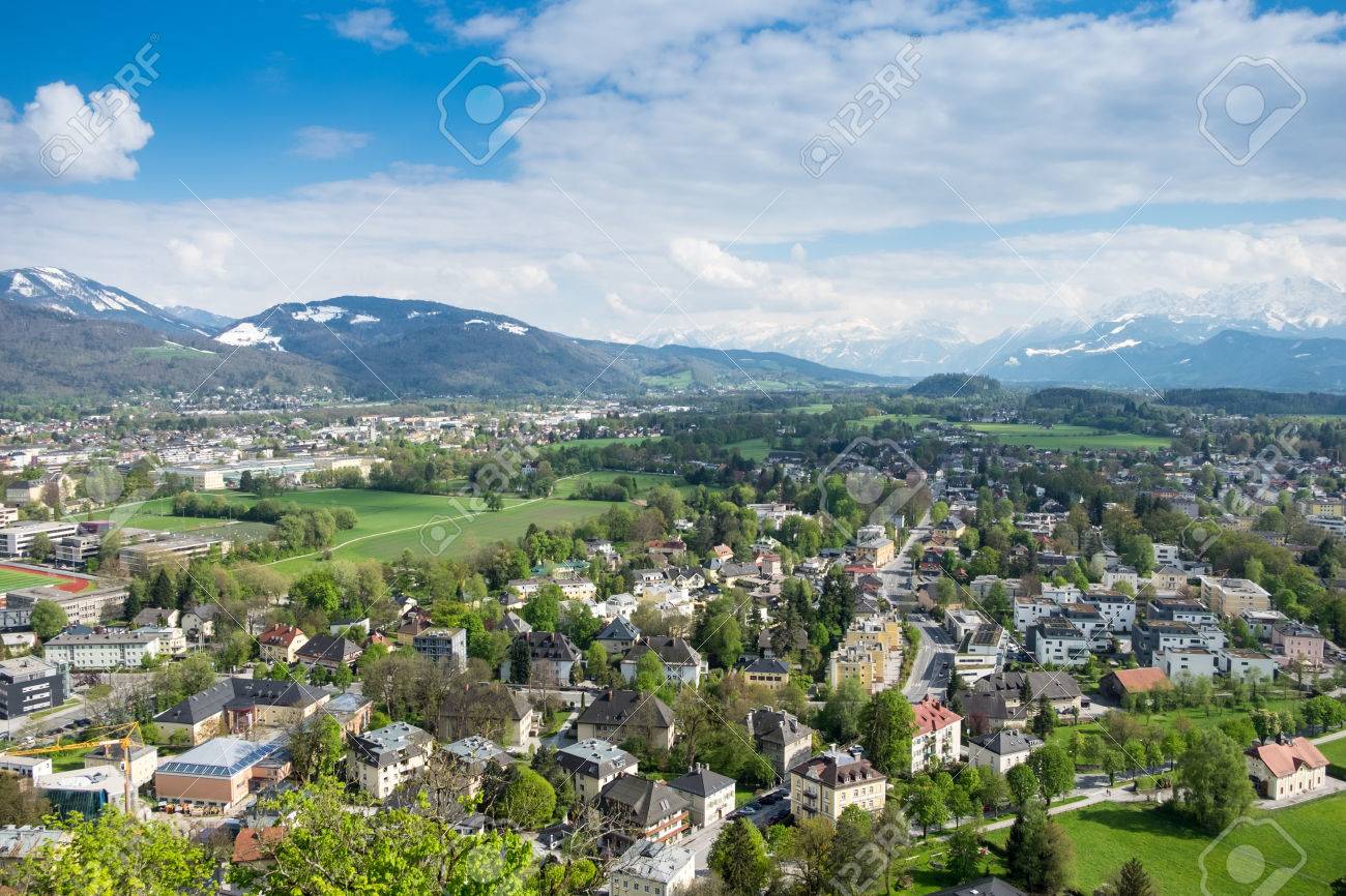 Aerial Of Salzburg Austria With Background Mountain Alps