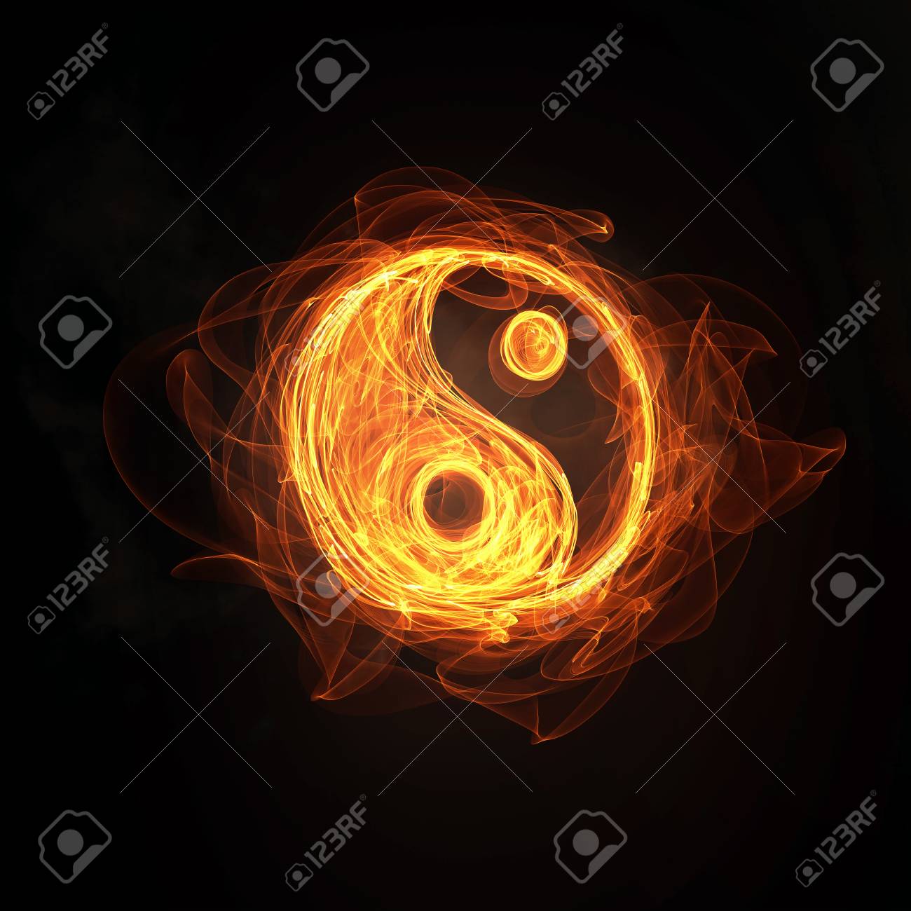 Glowing Light Yin Yang Sign In Fire On Dark Background Stock Photo