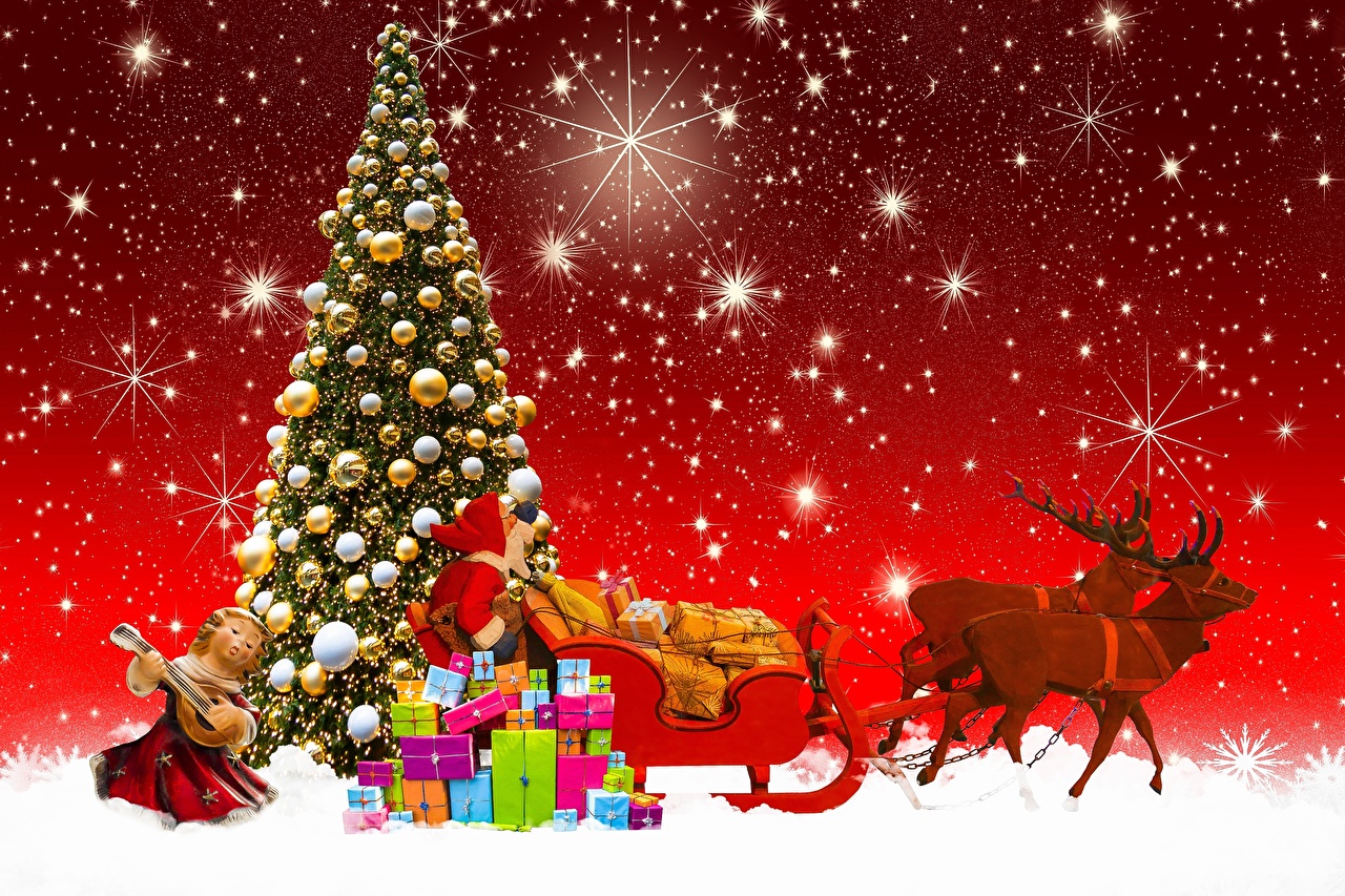 Desktop Wallpaper Deer Christmas Sled Santa Claus Tree