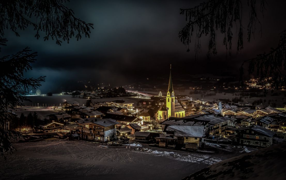 Austria Church Night Village Winter City Wallpaper