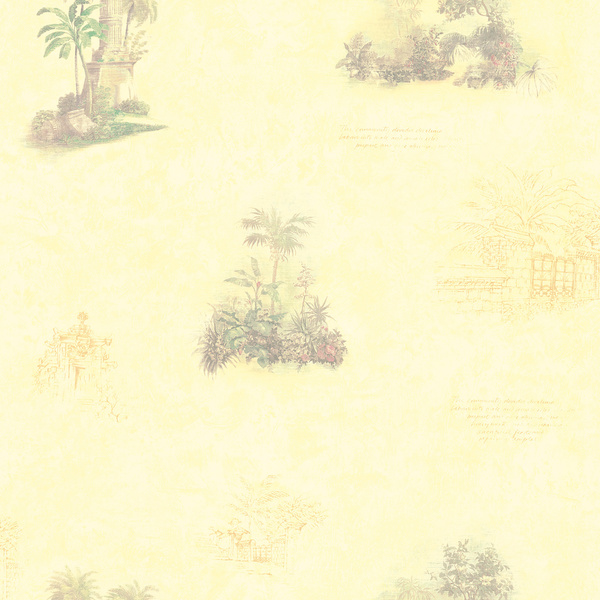 Brewster Light Yellow Tropical Toile Wallpaper