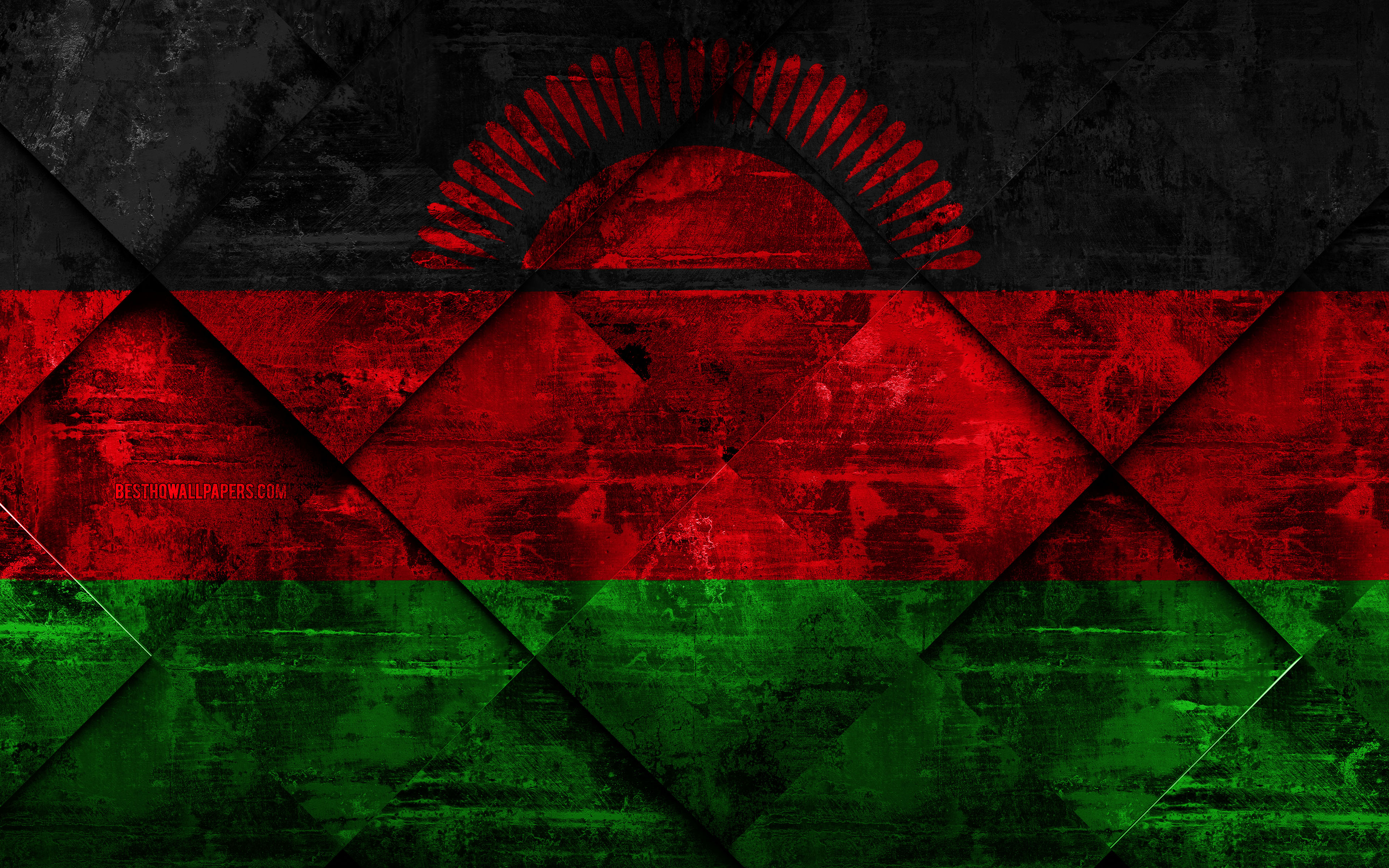 Wallpaper Flag Of Malawi 4k Grunge Art Rhombus